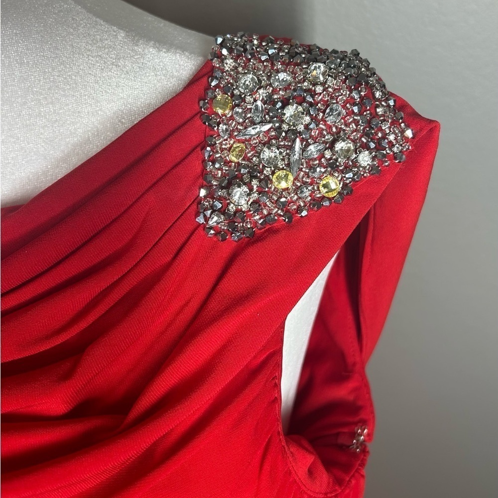 JS Boutique Red Rhinestone Embellished Ruched Cocktail Holiday Dress Size 12 - Picture 4 of 15